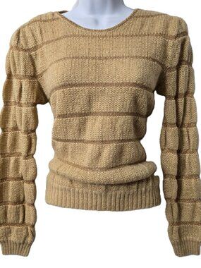 Vintage Wool Blend Knit Sweater S Ribbed Puff Sleeve Gold Sparkle 70s Pinup